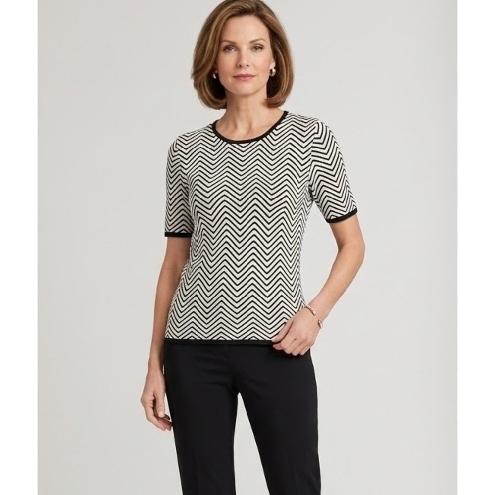 Talbots L Black Ivory‎ Chevron 100% Silk Short Sleeve Knit Sweater Top Classic